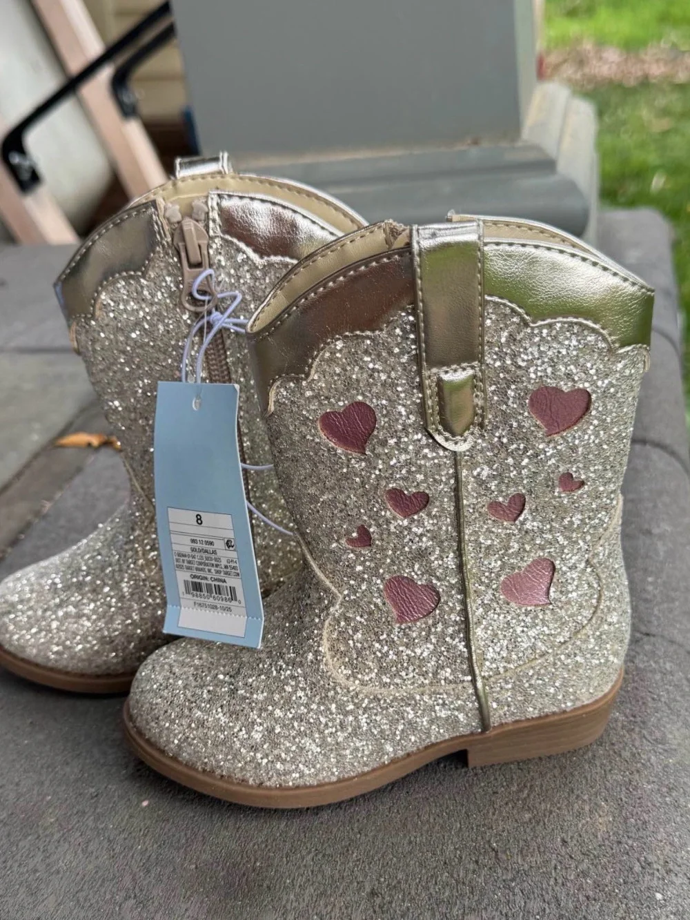 Cat & Jack Toddler Glitter Cowboy Boots in Gold with Pink Hearts